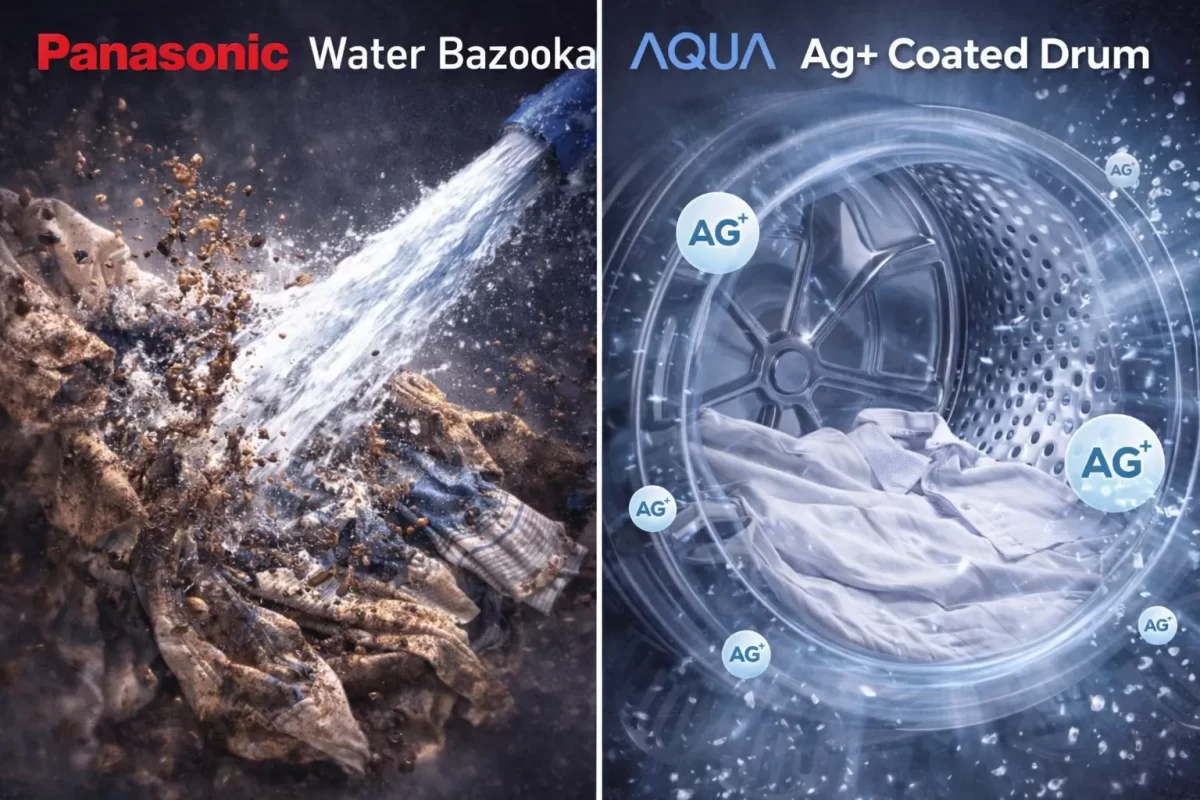 Luồng nước xịt bạo lực Water Bazooka của Panasonic (trái) giúp đánh bật bùn đất, so sánh với mâm giặt mạ Ag+ diệt khuẩn êm ái của Aqua (phải)