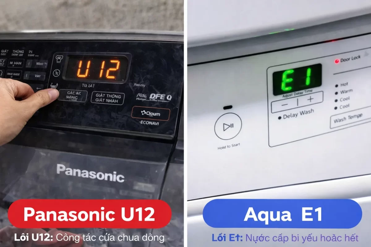 Mã lỗi U12 kinh điển trên Panasonic liên quan đến công tắc cửa và lỗi E1 trên Aqua liên quan đến nguồn nước cấp