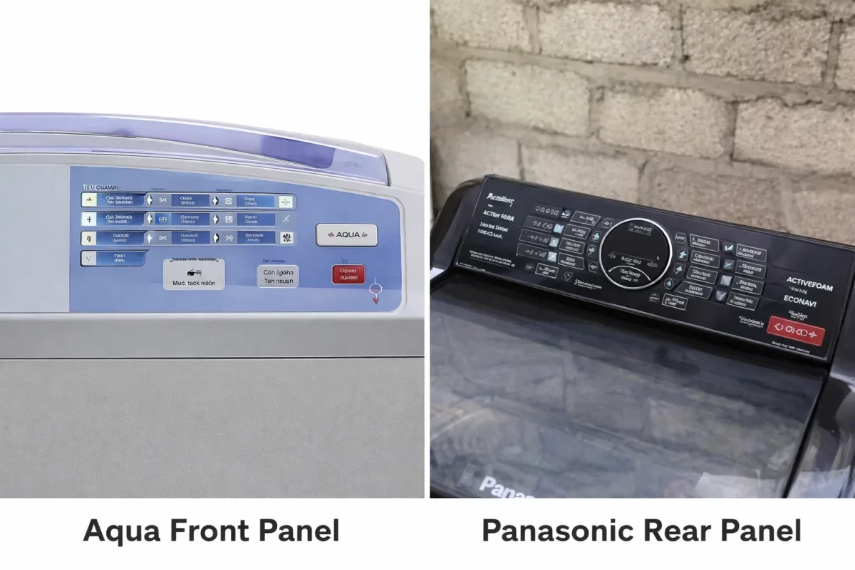 Thiết kế bảng điều khiển góc phải truyền thống của Aqua (trái) và thiết kế bảng điều khiển đưa ra sau (Rear Panel) bảo vệ bo mạch của Panasonic (phải)