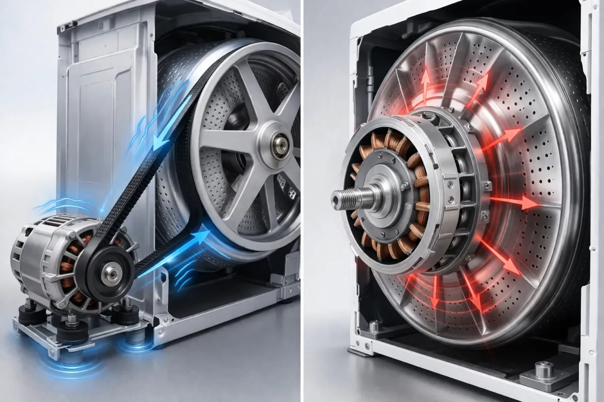 Dây curoa (trái) hấp thụ phần lớn lực rung lắc, trong khi Direct Drive (phải) truyền toàn bộ lực ly tâm thẳng vào trục lồng giặt