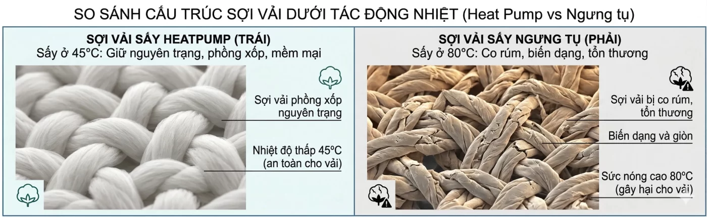 Sợi vải bị co rúm, tổn thương dưới sức nóng 80°C của máy ngưng tụ (phải) và sự phồng xốp nguyên trạng khi sấy ở 45°C bằng Heatpump (trái)