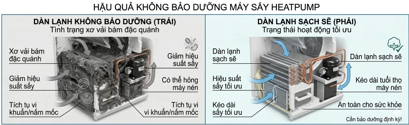"Căn bệnh viêm phổi" xơ vải bám đặc quánh trên dàn lạnh máy Heatpump (trái) nếu không được bảo dưỡng định kỳ, so với dàn lạnh sạch sẽ (phải)