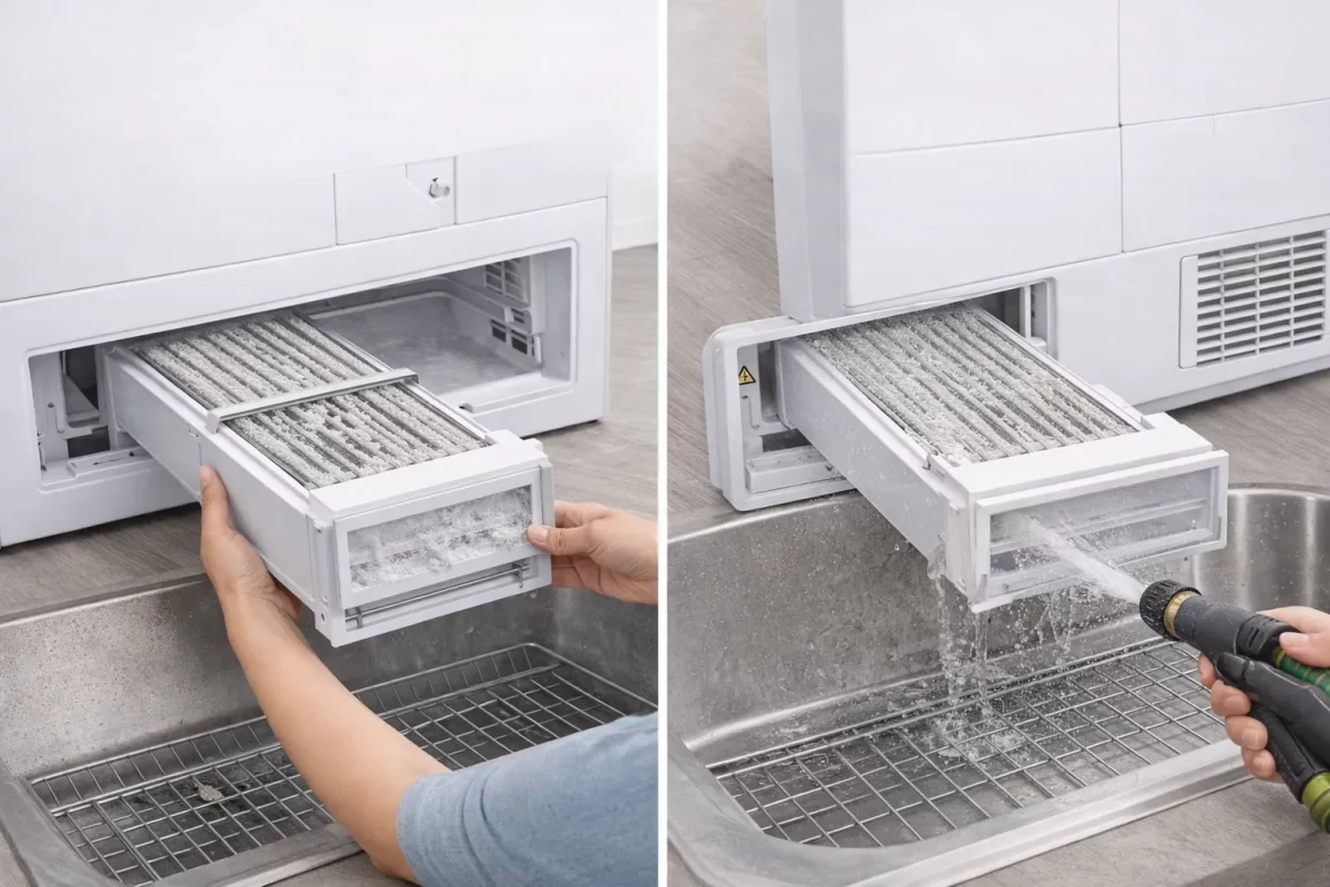 Bí quyết sống còn của máy sấy Ngưng tụ: Bạn bắt buộc phải rút Dàn ngưng (Condenser Unit) ở gầm máy ra xịt rửa sạch sẽ bụi vải mỗi tháng một lần để tránh cháy rơ-le nhiệt