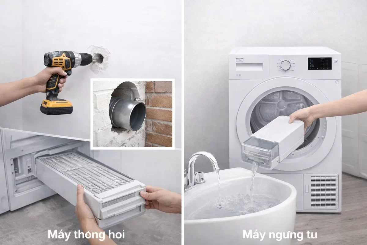 Cực hình lắp đặt: Máy thông hơi (trái) đòi hỏi đục tường luồn ống xả khí nóng, trong khi máy ngưng tụ (phải) chỉ việc rút khay nước ra đổ cực kỳ gọn gàng