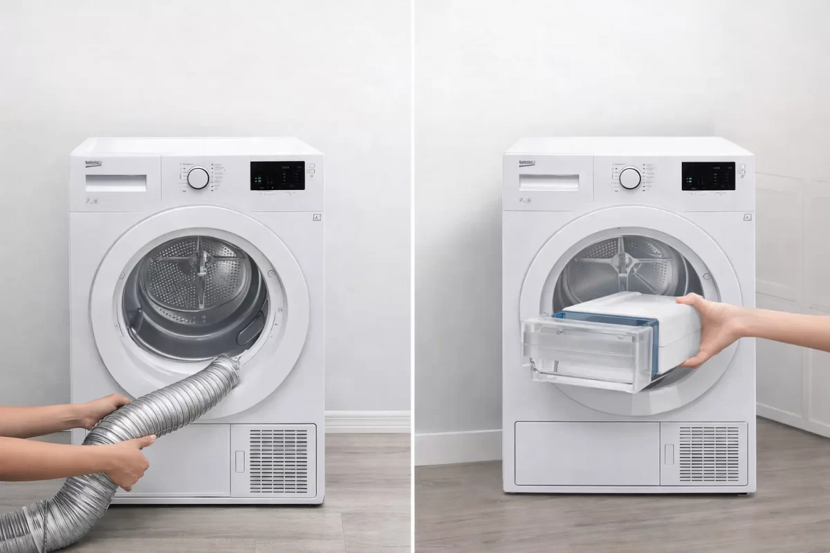 Sự khác biệt cốt lõi: Máy thông hơi (trái) cần ống xả thổi khí ẩm ra ngoài, trong khi máy ngưng tụ (phải) gom nước lỏng vào khay chứa có thể tháo rời