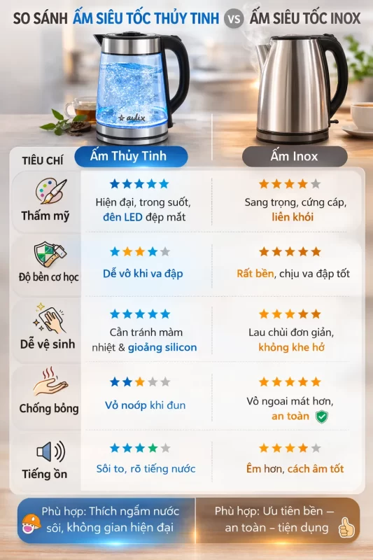 Infographic bảng tóm tắt so sánh 5 tiêu chí: Thẩm mỹ, Độ bền cơ học, Dễ vệ sinh, Chống bỏng và Tiếng ồn giữa ấm siêu tốc thủy tinh và ấm siêu tốc Inox