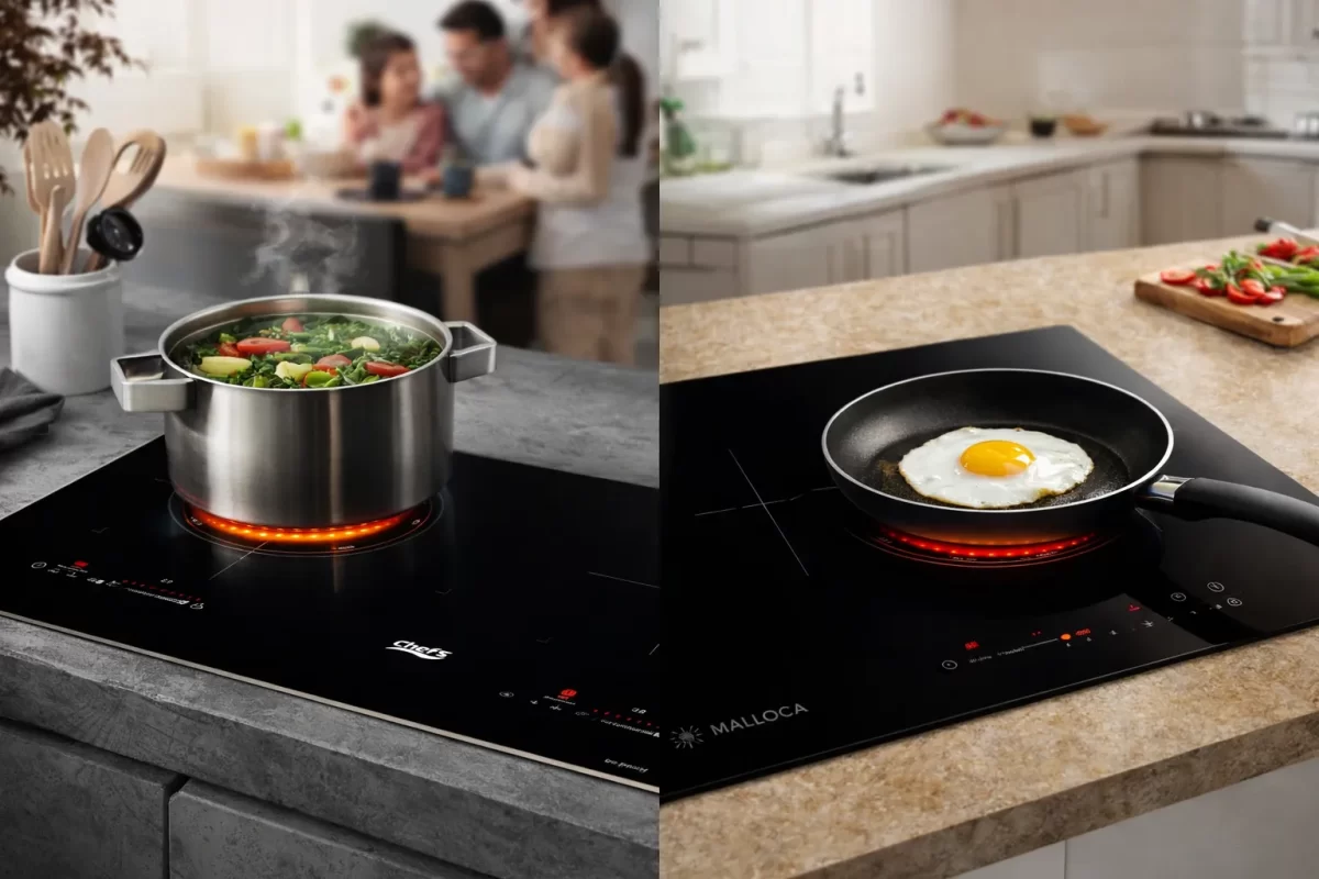 Bức ảnh không gian bếp ấm cúng của gia đình Việt: Một bên là bếp từ Chefs thiết kế tối giản đang đun nồi canh, một bên là bếp từ Malloca với mặt kính vát cạnh sang trọng đang chiên trứng