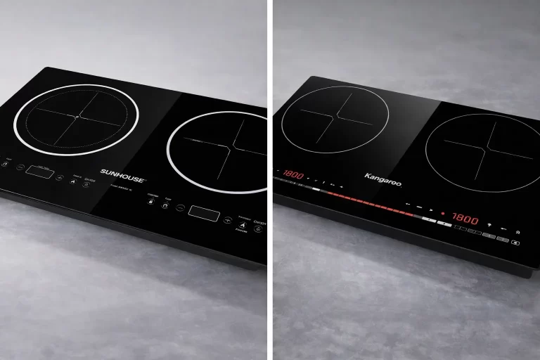 Bức ảnh chụp góc nghiêng mặt kính của hai chiếc bếp từ đôi: Một bên là Sunhouse với các họa tiết viền bo tròn quanh mâm nấu, một bên là Kangaroo với thiết kế tối giản, bảng điều khiển trượt slider