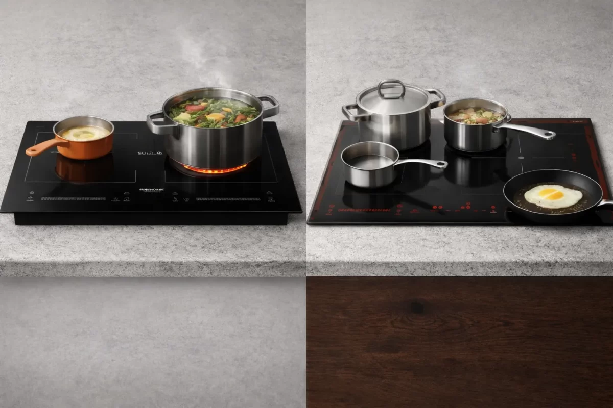 Bức ảnh so sánh trực quan: Một chiếc bếp từ đôi hình chữ nhật truyền thống bên cạnh một chiếc bếp từ ba dáng vuông, trên mặt bếp đang đặt các loại xoong nồi với kích thước khác nhau