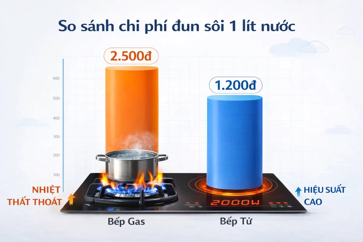 Infographic đồ thị hình cột so sánh chi phí đun sôi 1 lít nước giữa Bếp Gas (cao hơn do thất thoát nhiệt) và Bếp Từ (thấp hơn nhờ hiệu suất cao)