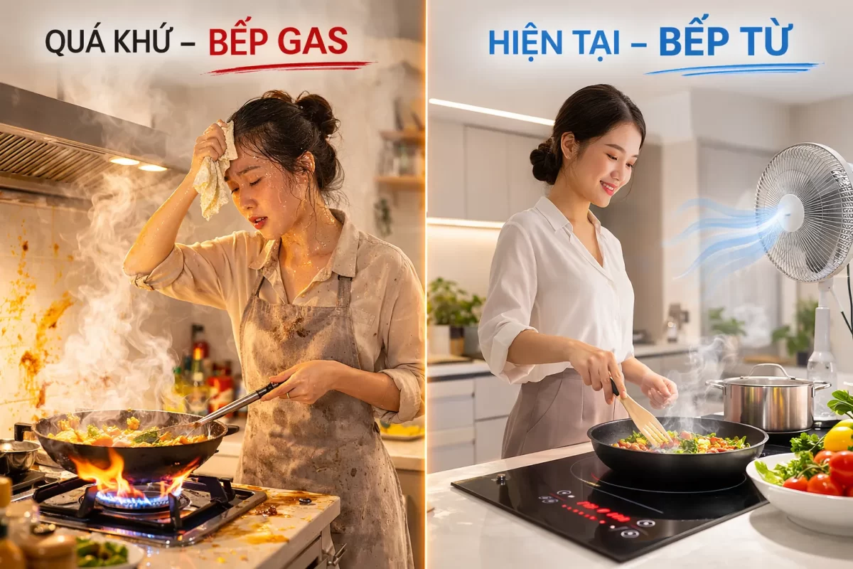 Sự tương phản trải nghiệm: Nấu ăn vất vả, nóng bức với bếp gas truyền thống so với sự thảnh thơi, mát mẻ và an toàn khi sử dụng bếp từ hiện đại