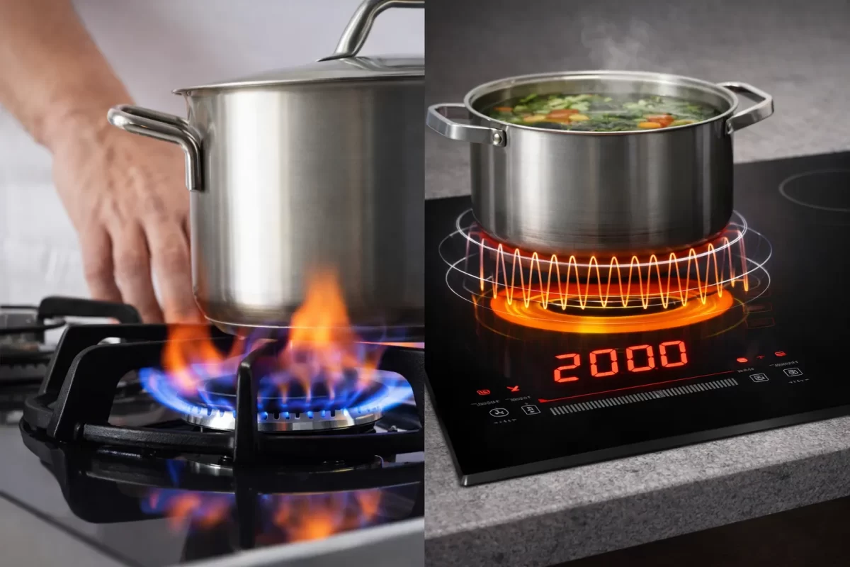Bức ảnh so sánh trực quan: Một chiếc bếp gas truyền thống lửa cháy bùng lên ôm lấy đáy nồi, cạnh đó là một chiếc bếp từ đôi đang hiển thị số công suất 2000W sáng rực đỏ