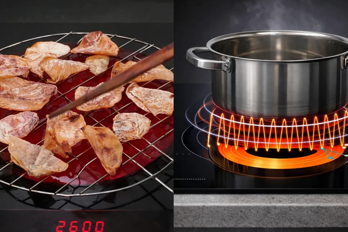 Cận cảnh mặt bếp: Bếp hồng ngoại có thể nướng trực tiếp mực khô trên mặt kính đỏ rực, trong khi bếp từ chỉ tương tác với chiếc nồi Inox nhiễm từ chuyên dụng