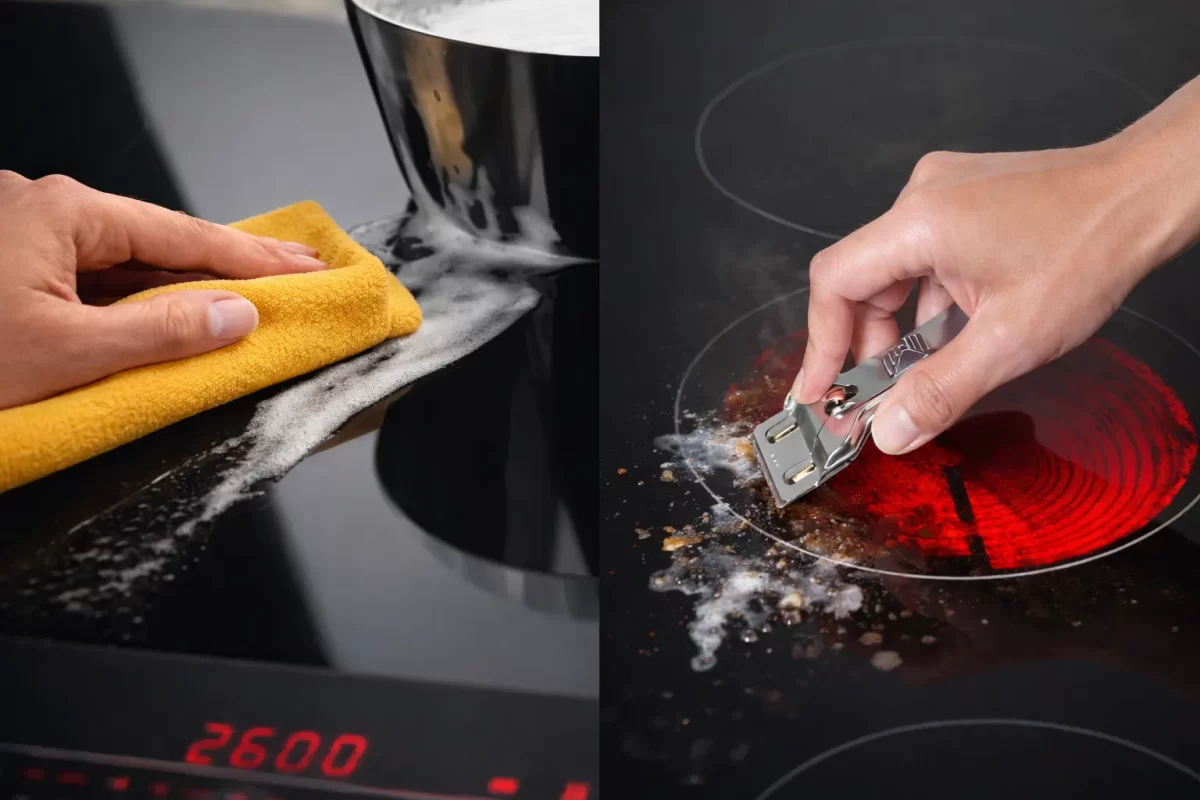 Hình minh họa dọn dẹp: Bếp từ dễ dàng lau chùi bằng một đường khăn vệt trào nước canh, bên cạnh là bếp hồng ngoại với các vết cháy đen đóng cục cứng đầu trên mặt kính