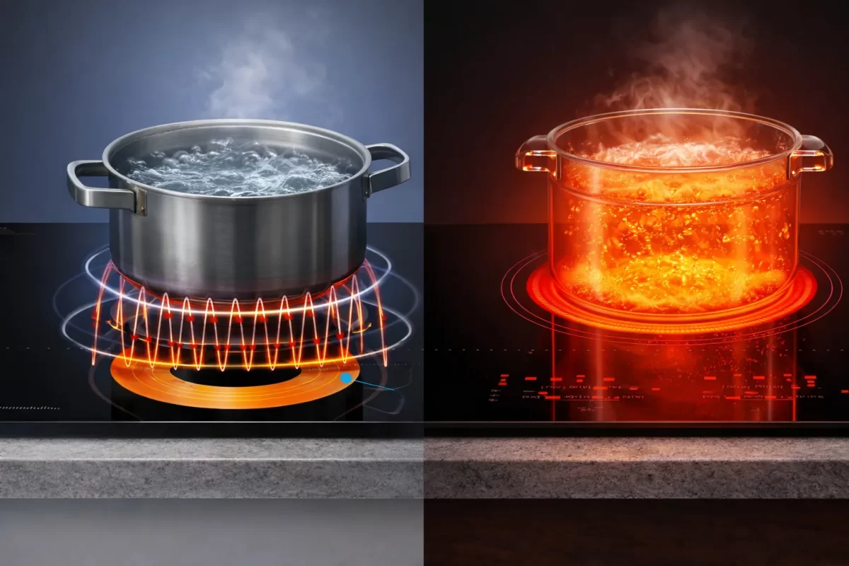 Bức ảnh chia đôi màn hình minh họa nguyên lý: Một bên là bếp từ với dải từ trường vô hình xuyên qua mặt kính đun sôi nồi nước (mặt kính không đỏ), một bên là bếp hồng ngoại với mâm nhiệt rực đỏ truyền nhiệt xuyên qua kính lên nồi thủy tinh