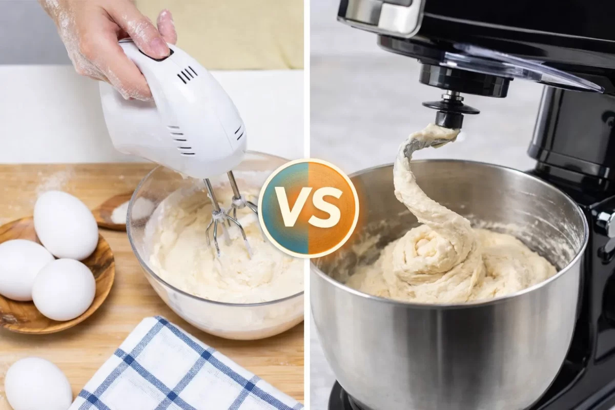 Hình ảnh so sánh người thợ làm bánh đang cầm máy đánh trứng mini bằng tay và một chiếc máy đánh trứng để bàn Stand Mixer to lớn đang tự động nhồi bột