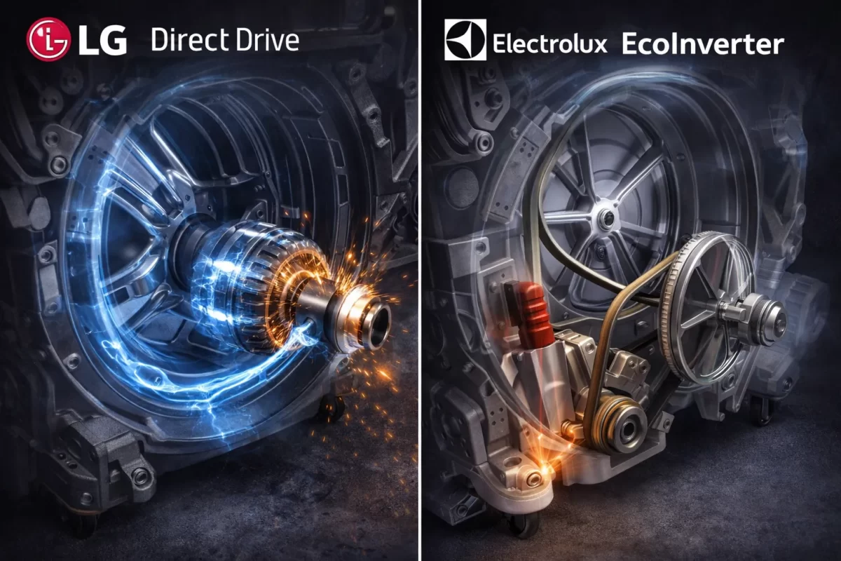 Cơ cấu truyền động trực tiếp bạo lực của LG (trái) và hệ thống giảm chấn qua dây curoa êm ái của Electrolux (phải)