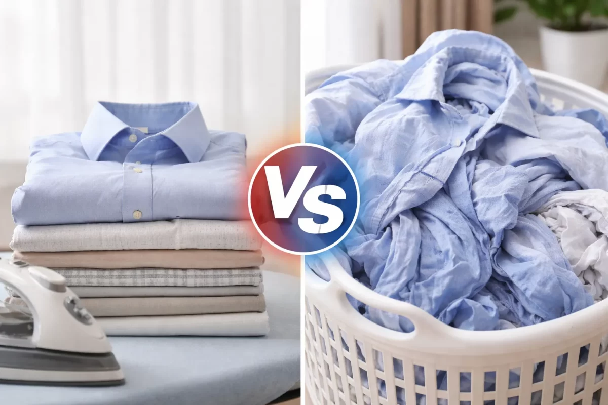 Quần áo giặt bằng máy cửa trên (bên phải) thường bị cuộn xoắn vào nhau gây dãn nếp, trong khi máy cửa ngang (bên trái) giữ form dáng đồ tốt hơn nhờ nguyên lý nhào lộn