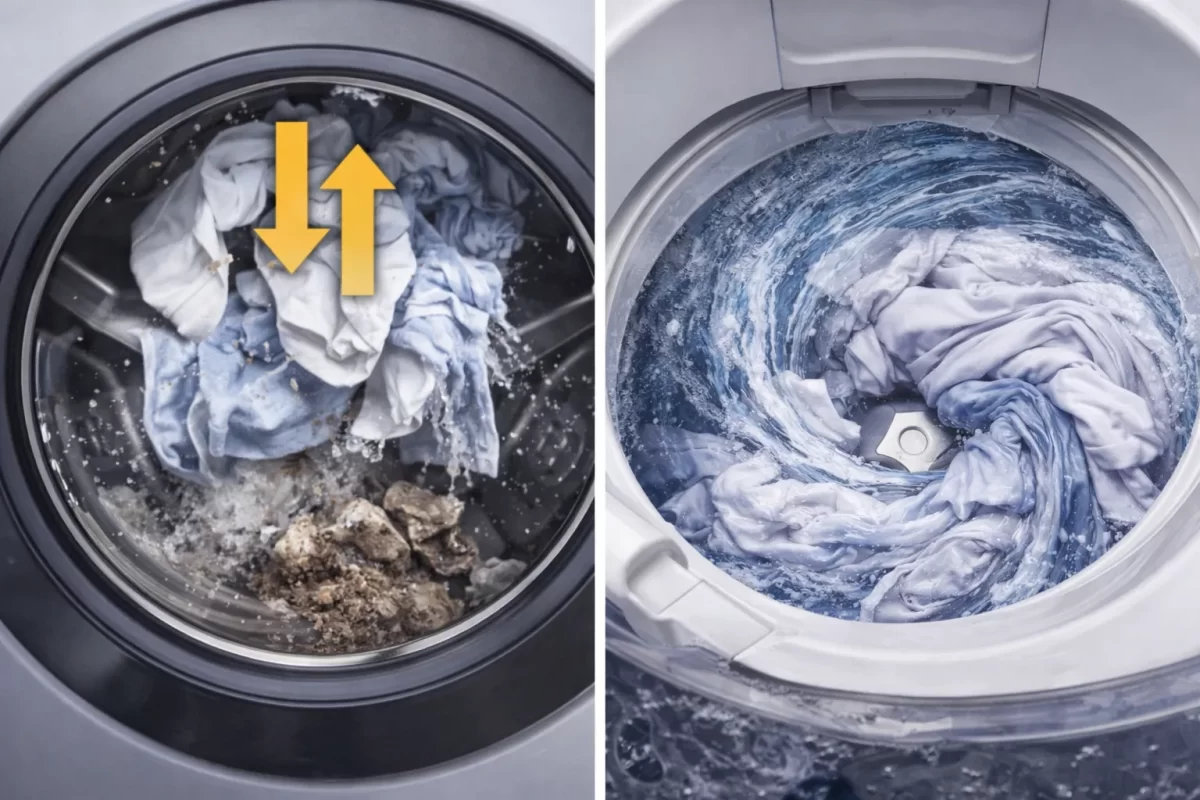 Cơ chế nhấc lên và rơi xuống nhờ trọng lực của cửa ngang (trái) giúp chống xoắn rối, khác biệt hoàn toàn với luồng xoáy nước ma sát của cửa trên (phải)