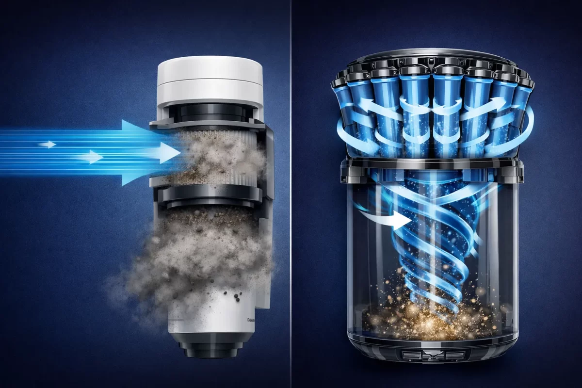 Sơ đồ đồ họa mô phỏng luồng gió: Bên trái là máy Deerma với luồng gió đâm thẳng và bị tắc lại ở màng HEPA đục ngầu bụi; Bên phải là Dyson với 14 ống lốc xoáy tạo lực ly tâm văng các hạt bụi mịn xuống đáy thùng rác trong veo