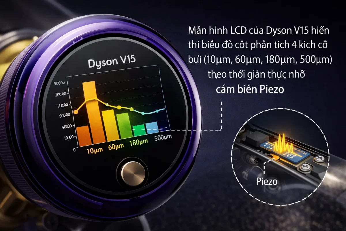 Infographic cận cảnh: Màn hình LCD của Dyson V15 hiển thị biểu đồ cột phân tích 4 kích cỡ bụi (10µm, 60µm, 180µm, 500µm) theo thời gian thực nhờ cảm biến Piezo