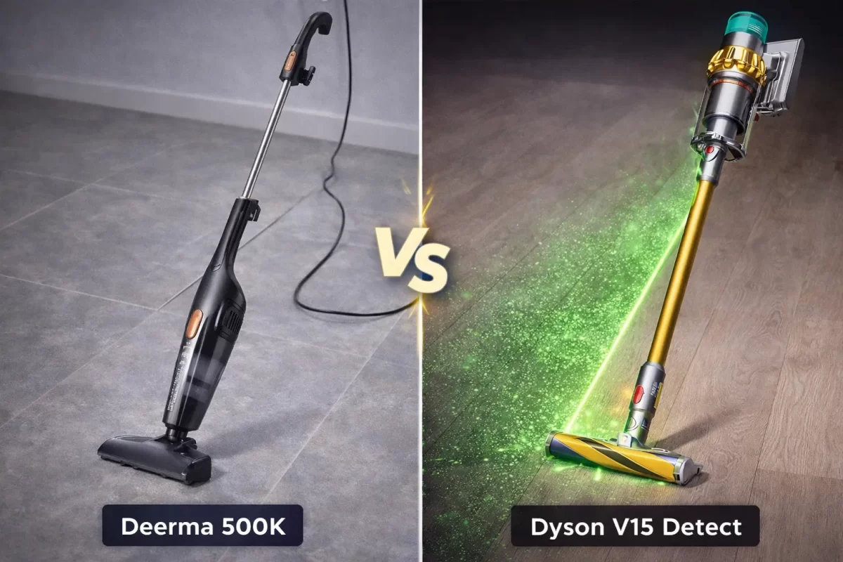 Bức ảnh chia đôi màn hình tương phản: Bên trái là chiếc máy hút bụi Deerma cắm điện có dây mộc mạc giá 500k; Bên phải là siêu phẩm Dyson V15 Detect không dây với tia laser xanh lá soi sáng từng hạt bụi trên sàn