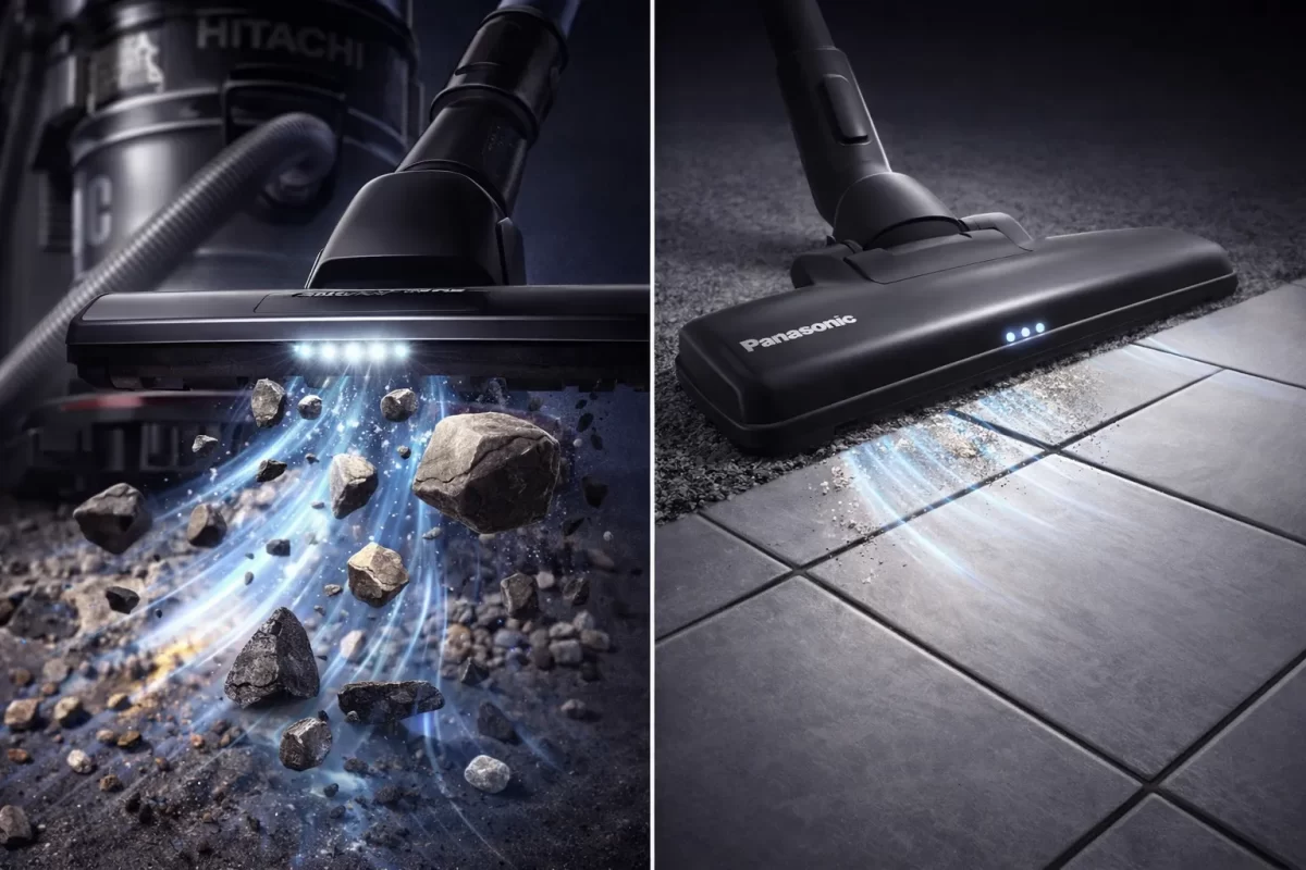 Sơ đồ minh họa lực hút: Một bên vẽ luồng gió hút mạnh mẽ của Hitachi cuốn cả sỏi đá, một bên vẽ luồng gió êm ái nhưng tập trung của Panasonic len lỏi vào từng kẽ ron gạch