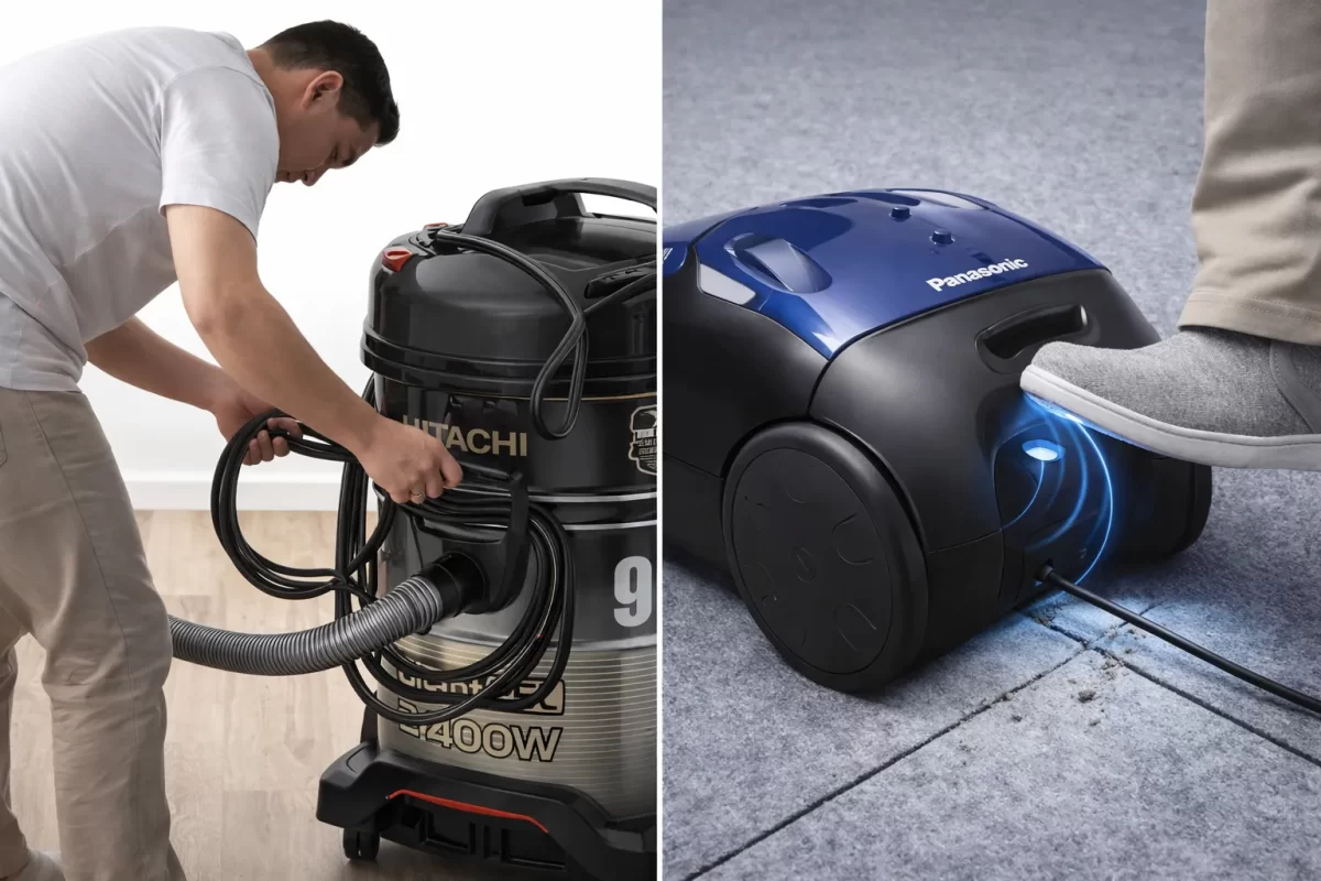 Hình minh họa thiết kế: Một bên là người dùng đang hì hục quấn dây điện quanh máy Hitachi to đùng; Một bên là mũi bàn chân đang đạp nút rút dây tự động cực êm ái trên thân máy Panasonic