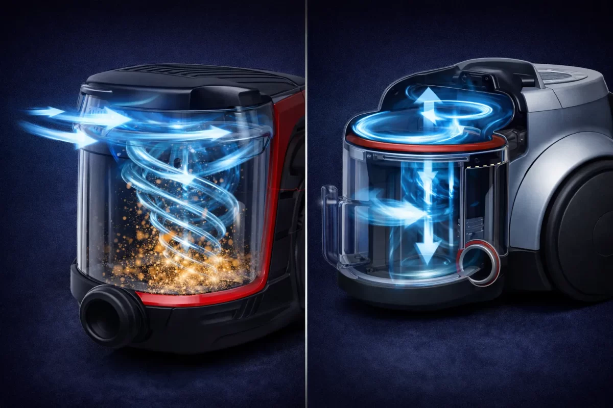 Infographic mô phỏng luồng gió lốc xoáy: Trái là lốc xoáy bạo lực văng mạnh bụi xuống đáy hộp nhựa của Philips; Phải là luồng khí khép kín đi qua hệ thống gioăng cao su chống thất thoát lực hút của Electrolux