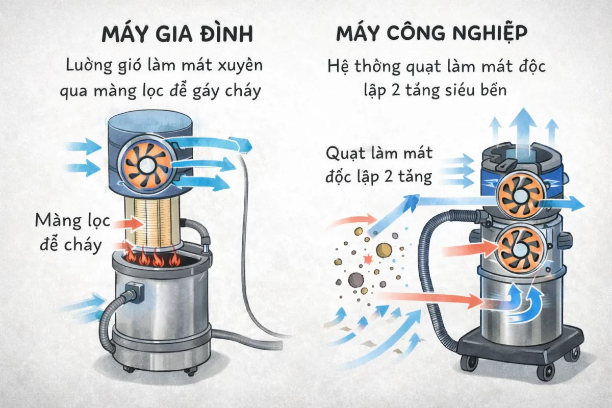 Sơ đồ vẽ tay đơn giản (Infographic): Mô tả luồng gió làm mát xuyên qua màng lọc dễ gây cháy của máy gia đình (bên trái), so với hệ thống quạt làm mát độc lập 2 tầng siêu bền của máy công nghiệp (bên phải)