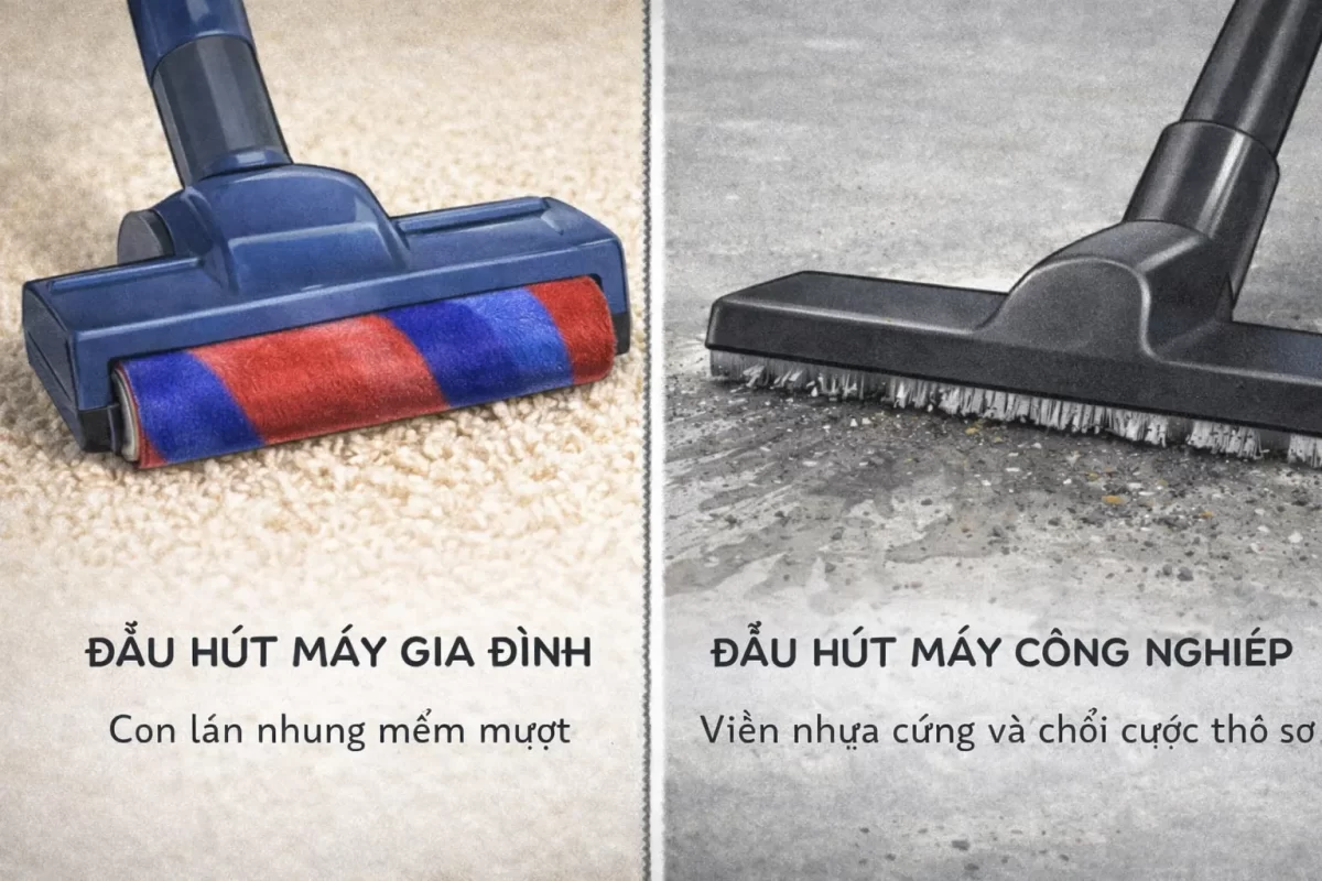 Hình minh họa sự khác biệt đầu hút: Một bên là đầu hút máy gia đình có con lăn nhung mềm mượt, một bên là đầu hút máy công nghiệp với viền nhựa cứng và chổi cước thô sơ cào trên mặt xi măng