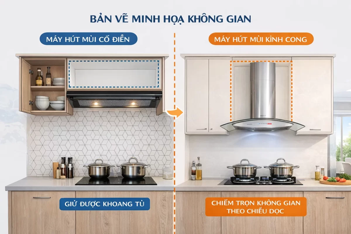 Bản vẽ minh họa không gian: Sự khác biệt về cách bố trí tủ bếp khi dùng máy hút mùi cổ điển (giữ được khoang tủ) và máy hút mùi kính cong (chiếm trọn không gian theo chiều dọc)