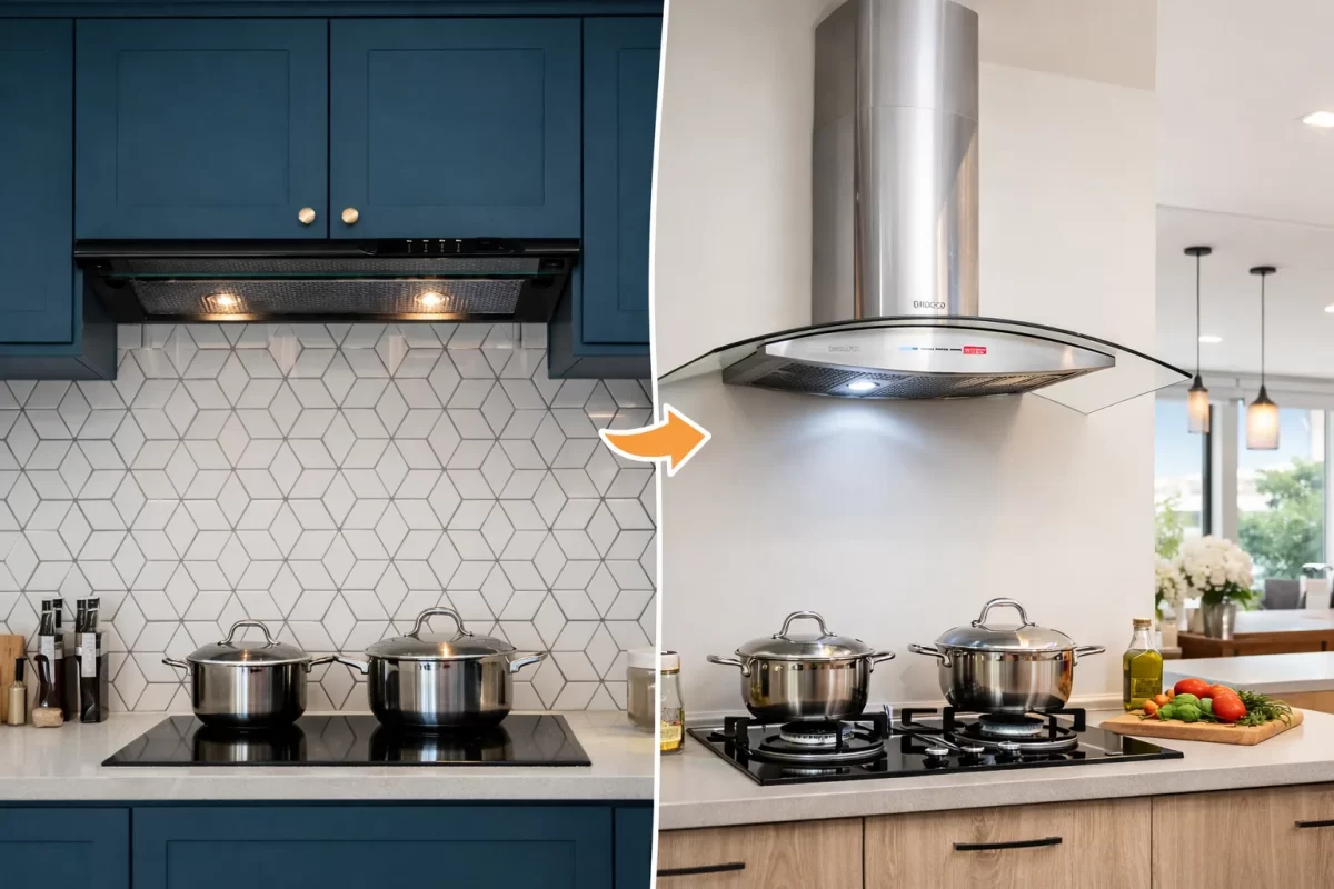 Bức ảnh chia đôi màn hình: Một bên là gian bếp tối giản với máy hút mùi cổ điển chìm hẳn vào hệ tủ trên, một bên là gian bếp không gian mở với máy hút mùi kính cong gắn tường bề thế làm điểm nhấn