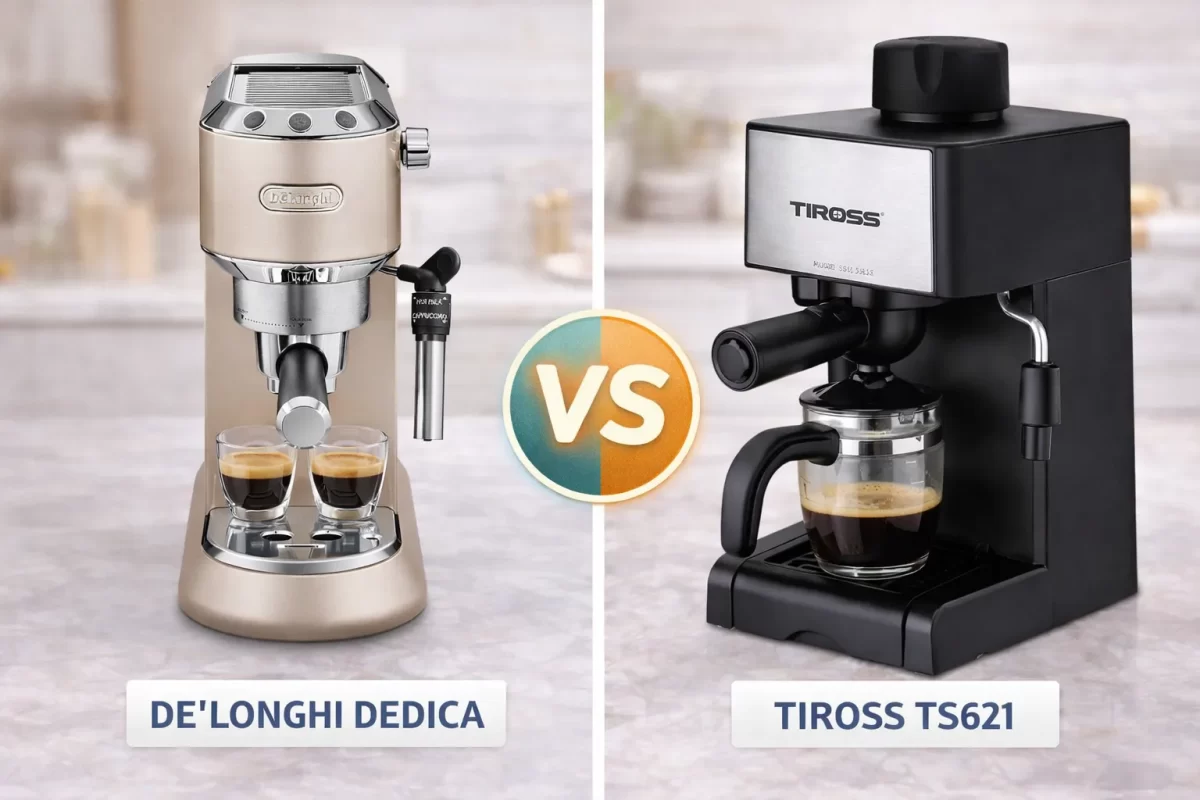 Hình ảnh so sánh máy pha cà phê Espresso Delonghi Dedica thiết kế kim loại sang trọng và máy pha cà phê Tiross TS621 thiết kế nhỏ gọn bằng nhựa