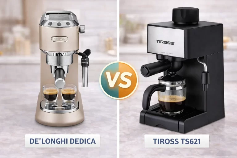 Hình ảnh so sánh máy pha cà phê Espresso Delonghi Dedica thiết kế kim loại sang trọng và máy pha cà phê Tiross TS621 thiết kế nhỏ gọn bằng nhựa