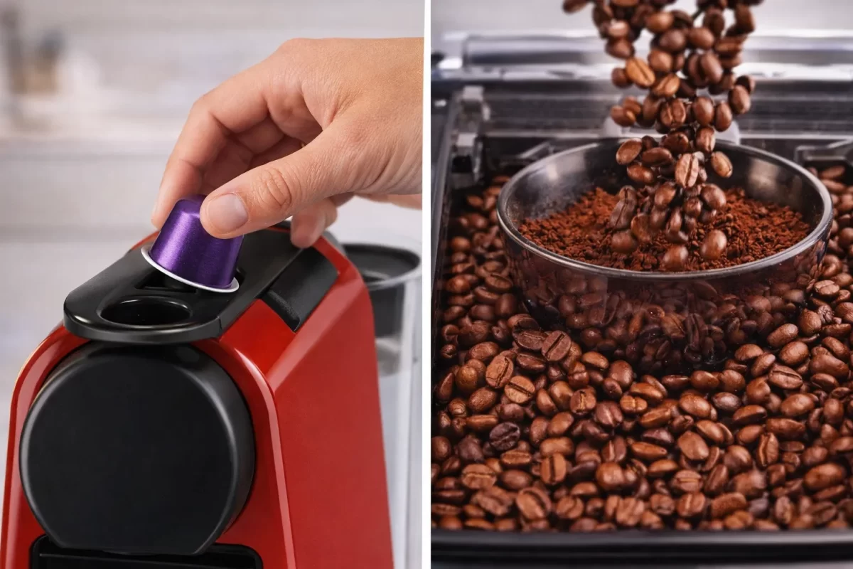 Bàn tay bỏ viên nén vào máy pha cà phê capsule Nespresso Essenza Mini vs. Phễu đựng hạt cà phê trên máy pha tự động bean-to-cup đang hoạt động
