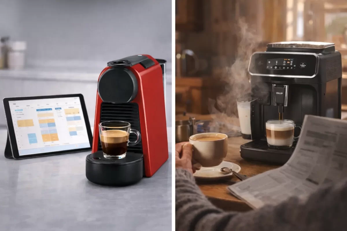 Góc Home Cafe hiện đại tối giản với máy pha viên nén nhỏ gọn vs. Không gian Home Cafe ấm cúng sành sỏi với máy pha cà phê tự động hầm hố bệ vệ