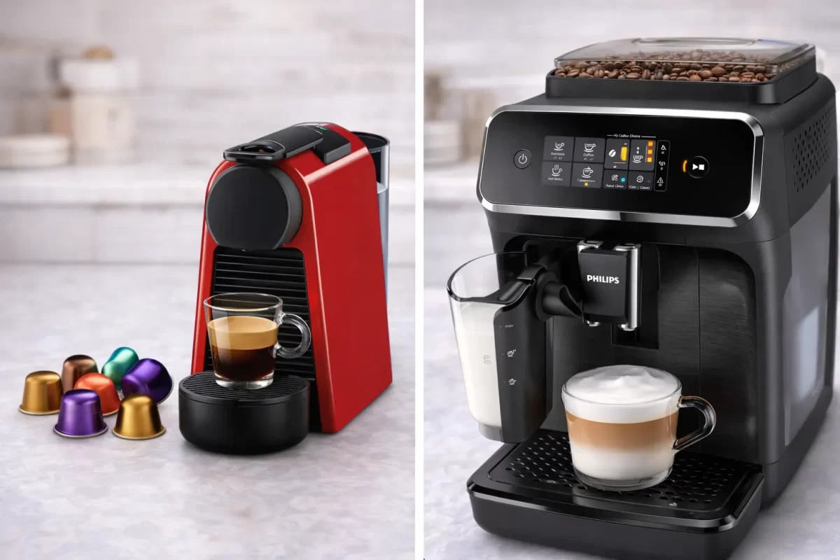 Một bên là máy pha cà phê viên nén Nespresso nhỏ gọn bên cạnh những viên nhôm rực rỡ sắc màu, một bên là máy pha tự động Philips to lớn đang xay hạt cà phê tươi