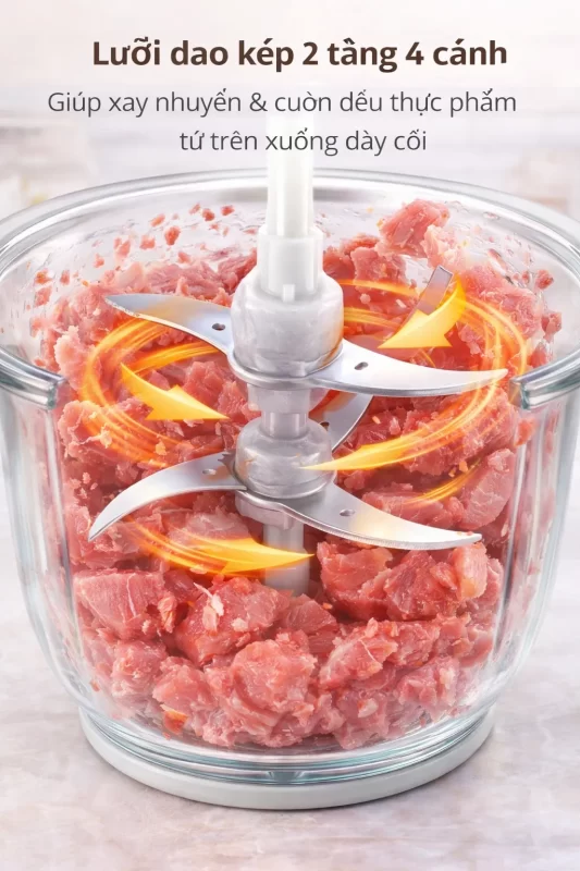 Đồ họa mô phỏng lưỡi dao kép 2 tầng 4 cánh của máy xay thịt giúp xay nhuyễn và cuộn đều thực phẩm từ trên xuống đáy cối