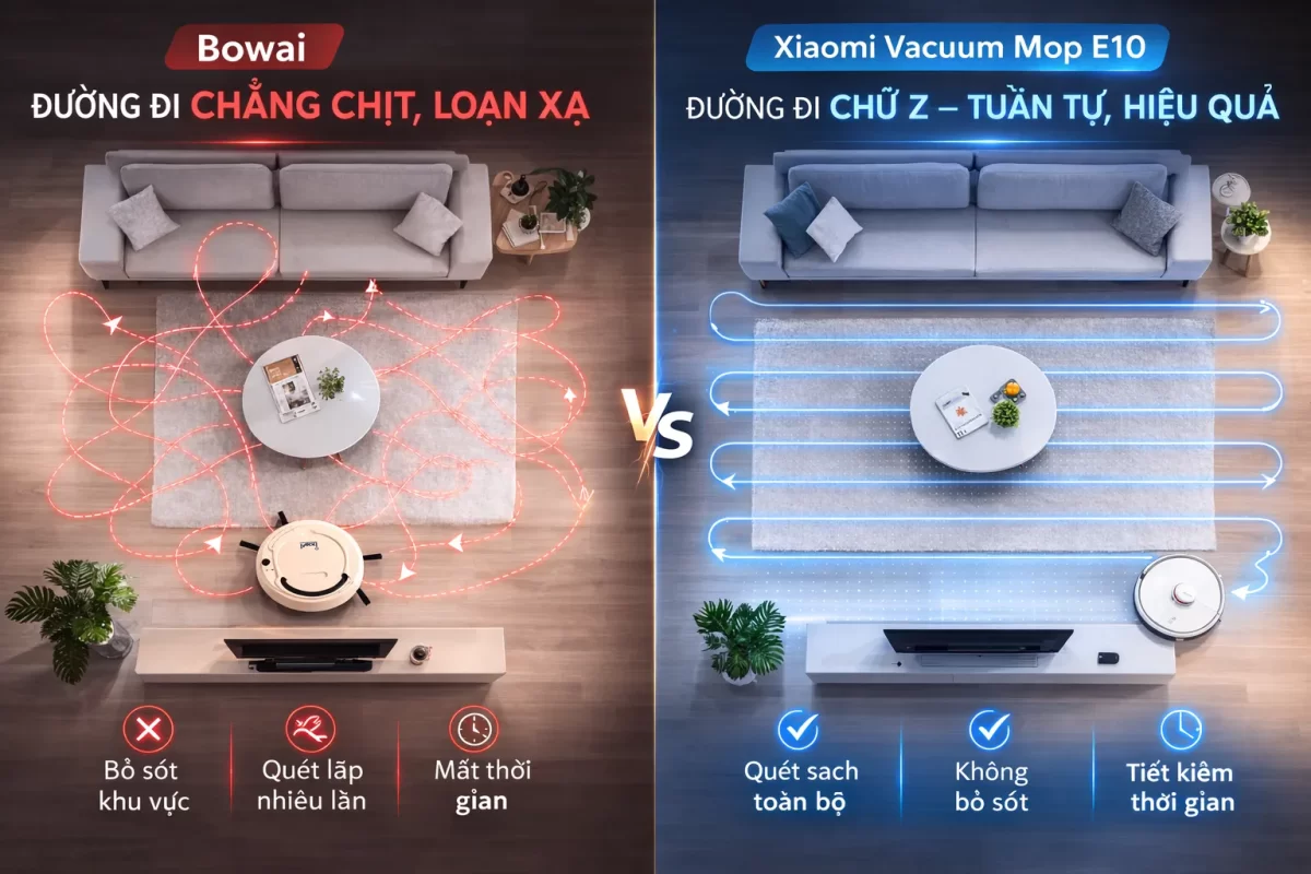 Sơ đồ đồ họa đường đi: Cắt đôi hình ảnh, một bên mô tả đường đi chằng chịt, loạn xạ chồng chéo của robot Bowai; một bên là đường đi hình chữ Z tăm tắp, tuần tự quét sạch cả căn phòng của robot Xiaomi