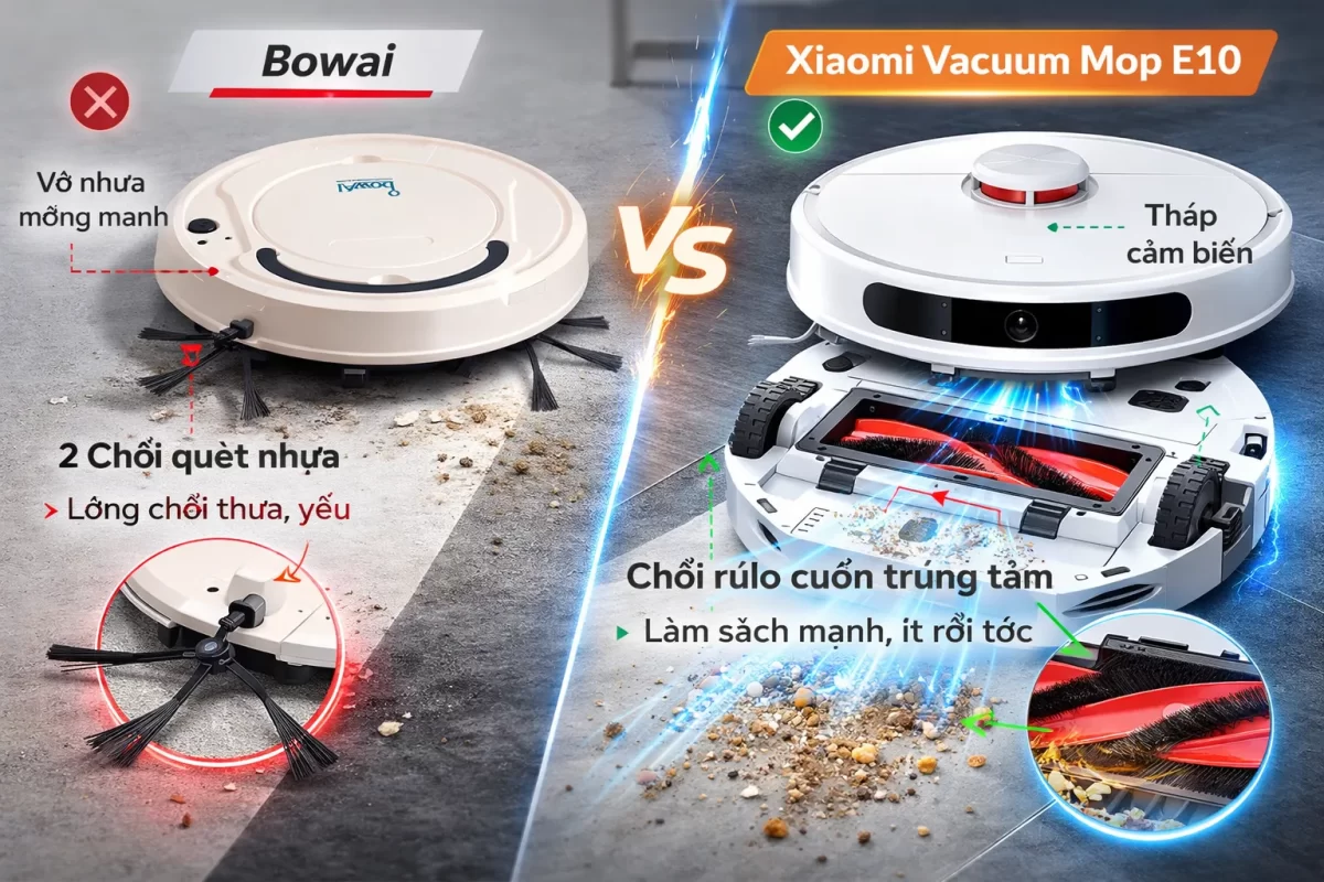 Bức ảnh so sánh trực diện: Một bên là chiếc máy Bowai vỏ nhựa mỏng manh với 2 chổi quét nhựa, một bên là robot Xiaomi Vacuum Mop E10 thiết kế đầm chắc với tháp cảm biến và chổi rulo cuốn trung tâm