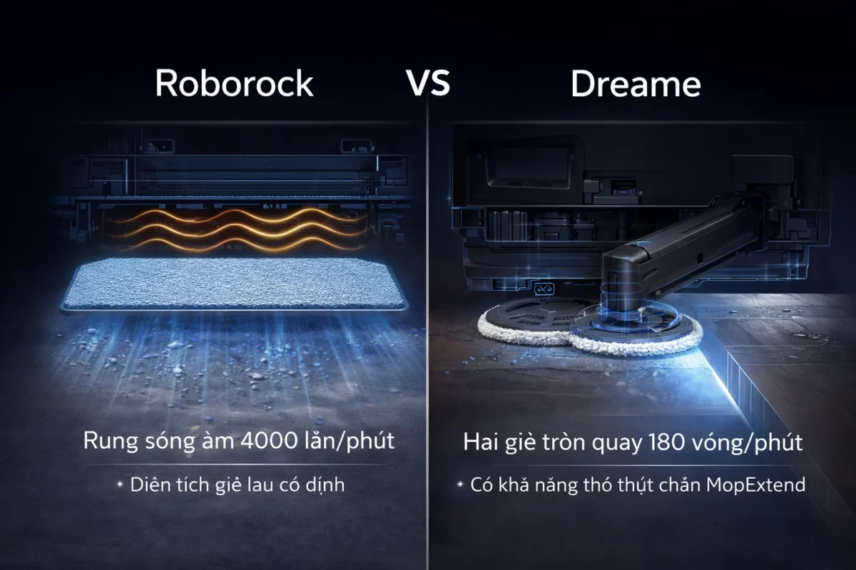Infographic mô tả sự khác biệt cơ chế lau: Bản vẽ kỹ thuật tấm giẻ rung sóng âm 4000 lần/phút của Roborock so sánh trực diện với hệ thống 2 cụm giẻ tròn quay 180 vòng/phút có khả năng thò thụt chân MopExtend của Dreame