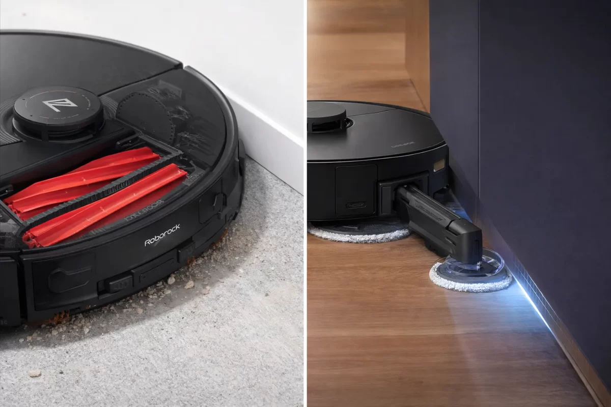 Bức ảnh chia đôi màn hình đậm chất công nghệ: Bên trái là Roborock S8 MaxV Ultra với hệ chổi cao su kép DuoRoller Riser màu đỏ chót; Bên phải là Dreame X30 Ultra đang thò cánh tay robot MopExtend ra lau sát chân tường