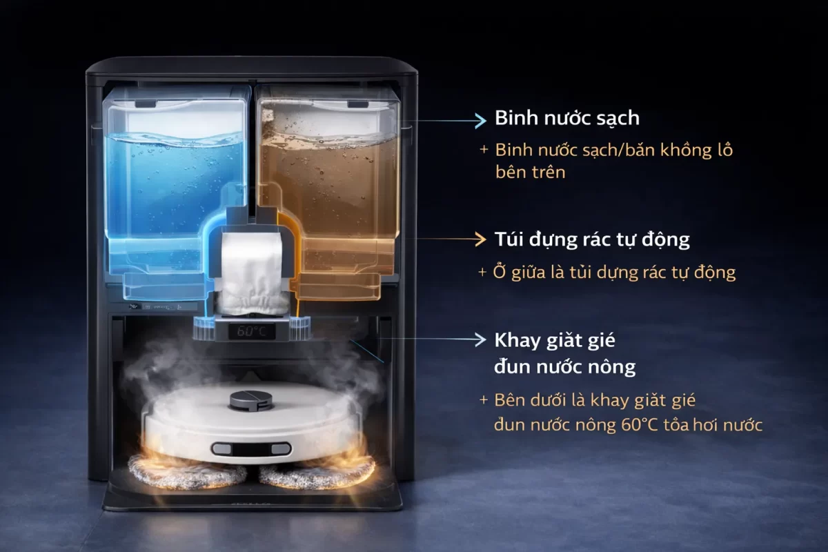 Infographic mặt cắt trạm sạc: Hiển thị 2 bình nước sạch/bẩn khổng lồ bên trên, ở giữa là túi đựng rác tự động, và bên dưới là khay giặt giẻ đun nước nóng 60 độ tỏa hơi nước