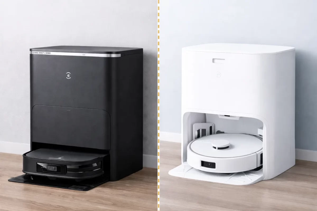 Bức ảnh chia đôi màn hình: Một bên là hệ thống trạm sạc khổng lồ Ecovacs Deebot X-Series thiết kế vuông vức phong cách Châu Âu, một bên là trạm sạc Xiaomi Mijia Omni / Dreame L-Series thiết kế bo tròn tinh tế màu trắng