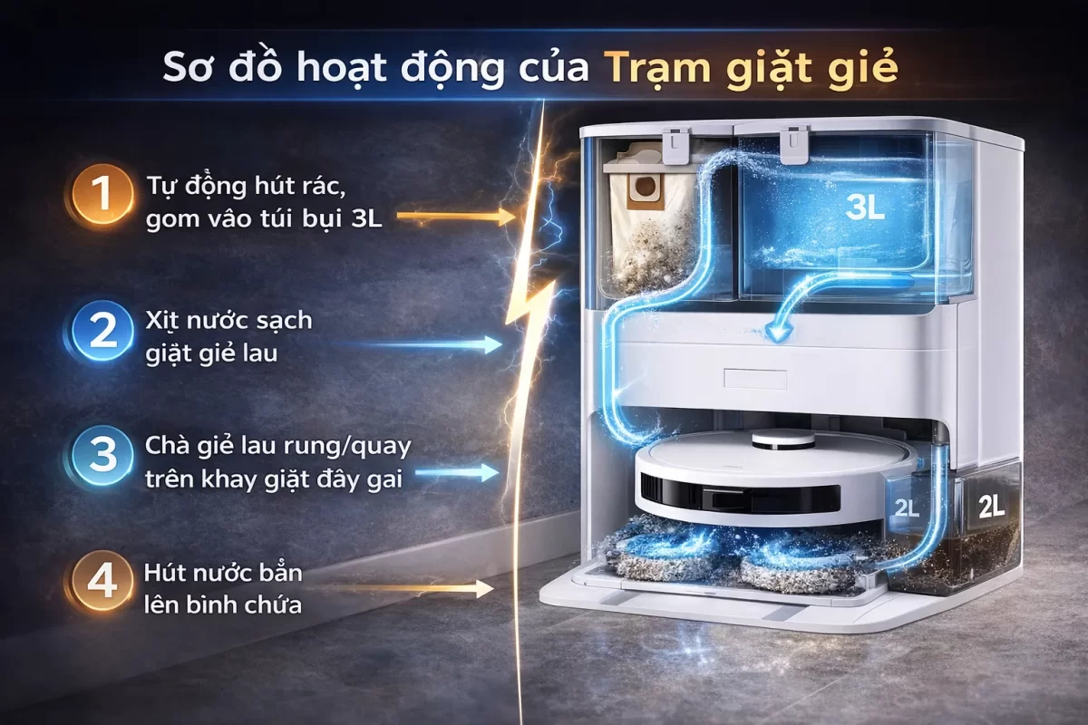 Sơ đồ infographic mô phỏng hoạt động của Trạm giặt giẻ: Từ việc hút rác lên túi 3L, đến dòng chảy của nước sạch giặt giẻ và hút nước bẩn lên bình chứa