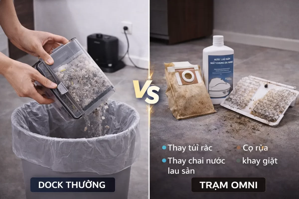 Bức ảnh so sánh chi phí và bảo trì: Một bên là người dùng chỉ cần đổ rác từ hộp nhựa của robot dock thường, một bên là các phụ kiện phải thay thế liên tục của trạm Omni bao gồm túi rác, chai nước lau sàn và khay giặt cần cọ rửa