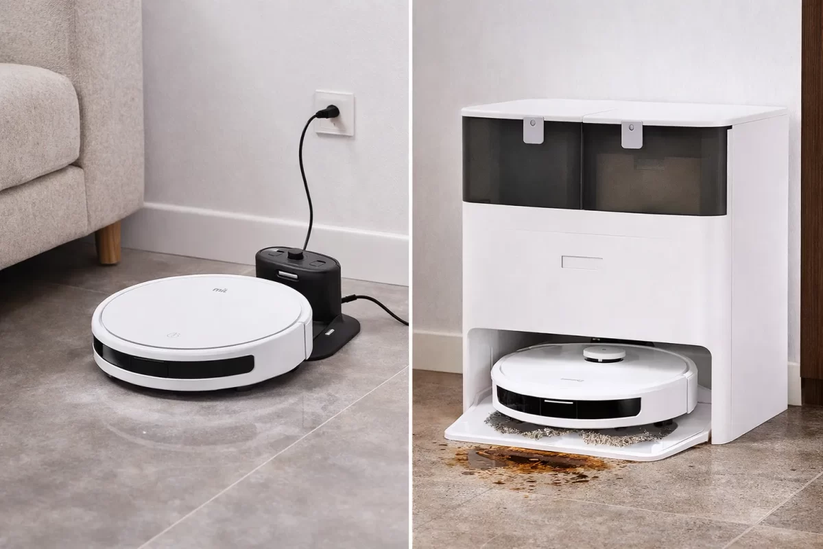 Bức ảnh chia đôi không gian sống: Bên trái là chiếc robot đang nằm im trên một dock sạc nhỏ gọn chỉ bằng lòng bàn tay; Bên phải là một trạm sạc khổng lồ Omni đang bao trọn lấy chiếc robot bên trong