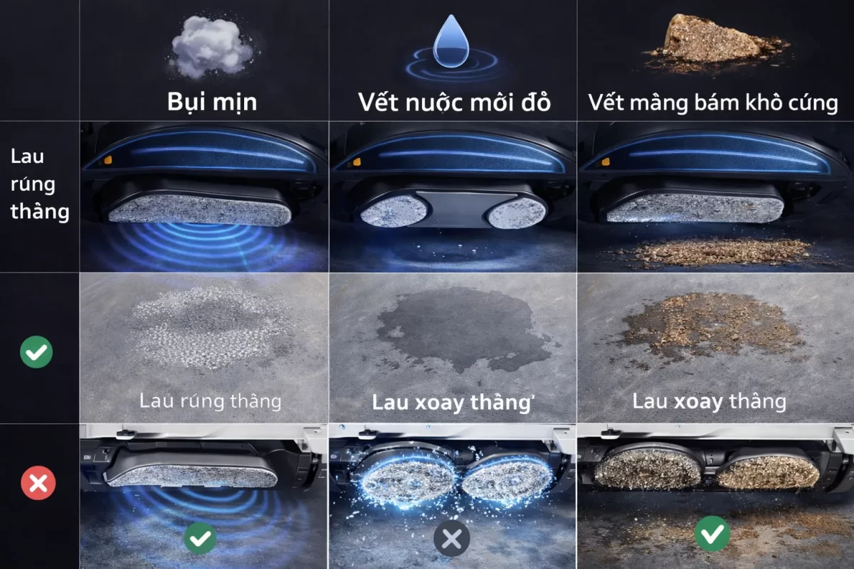 Bảng phân tích hiển thị 3 loại vết bẩn: Bụi mịn (Lau rung thắng), Vết nước mới đổ (Lau xoay thắng), Vết mảng bám khô cứng (Lau xoay thắng áp đảo)