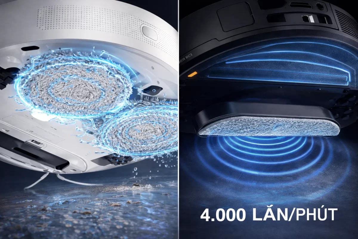 Bức ảnh chia đôi màn hình minh họa công nghệ: Một bên là hai cụm giẻ tròn dày cộm đang xoay tít văng nước, một bên là mảng giẻ bán nguyệt dẹt đang tạo ra các gợn sóng rung siêu âm trên mặt sàn